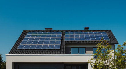 Naklejka premium Solar Panels on a Modern House Roof Against a Clear Sky