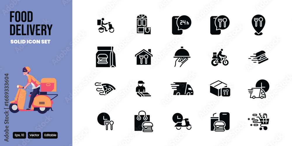 Poster food delivery solid icon set vector design good for web and mobile app
