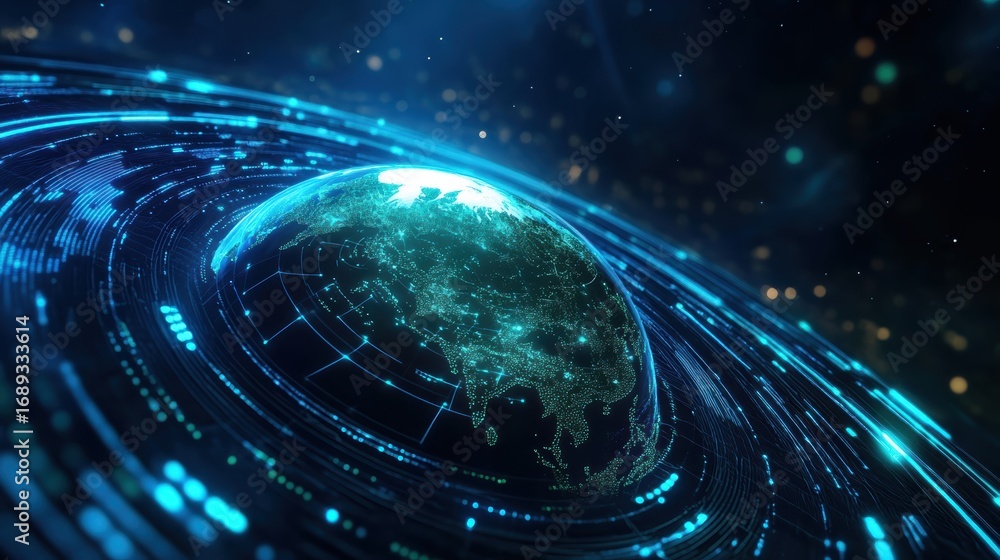 Poster a vibrant, digital representation of earth surrounded by glowing data patterns, symbolizing technolo