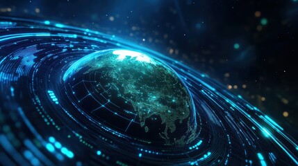 A vibrant, digital representation of Earth surrounded by glowing data patterns, symbolizing technology and connectivity in a cosmic environment.