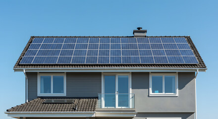 Fototapeta premium House Roof Covered with Solar Panels on a Sunny Day