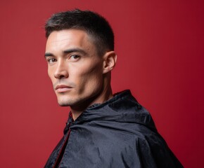 Obraz premium A man with a serious expression wears a dark cloak against a vibrant red backdrop.