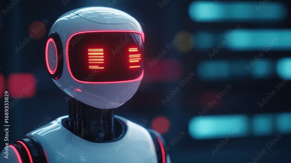 Poster a futuristic robot with a sleek design and glowing red accents, set against a tech-inspired backgrou