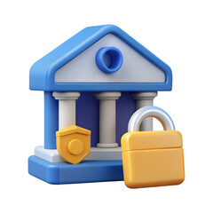 3D icon of financial security with a bank, padlock, and shield, with a transparent background - Generative AI
