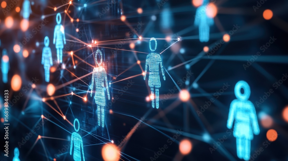 Poster a digital network displaying interconnected figures, symbolizing social connections and data exchang