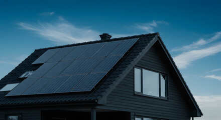 Fototapeta premium Solar Panels on a Modern House Roof Against a Blue Sky