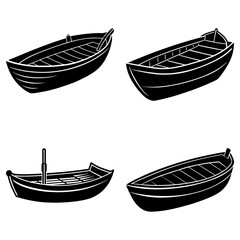 Four black and white rowboats of different styles isolated on a white background in a simple vector drawing