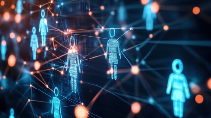 A digital network displaying interconnected figures, symbolizing social connections and data exchange in a modern, tech-driven landscape.
