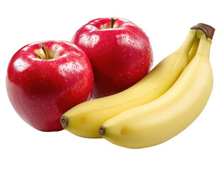 Two Shiny Red Apples with Water Drops and a Bunch of Yellow Bananas on White Background for Healthy Food Projects and Fruit - Themed Designs
