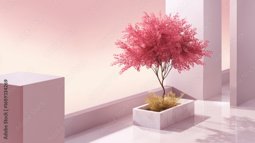 Poster a vibrant pink tree in a minimalist setting with smooth surfaces and soft pastel colors creates a se