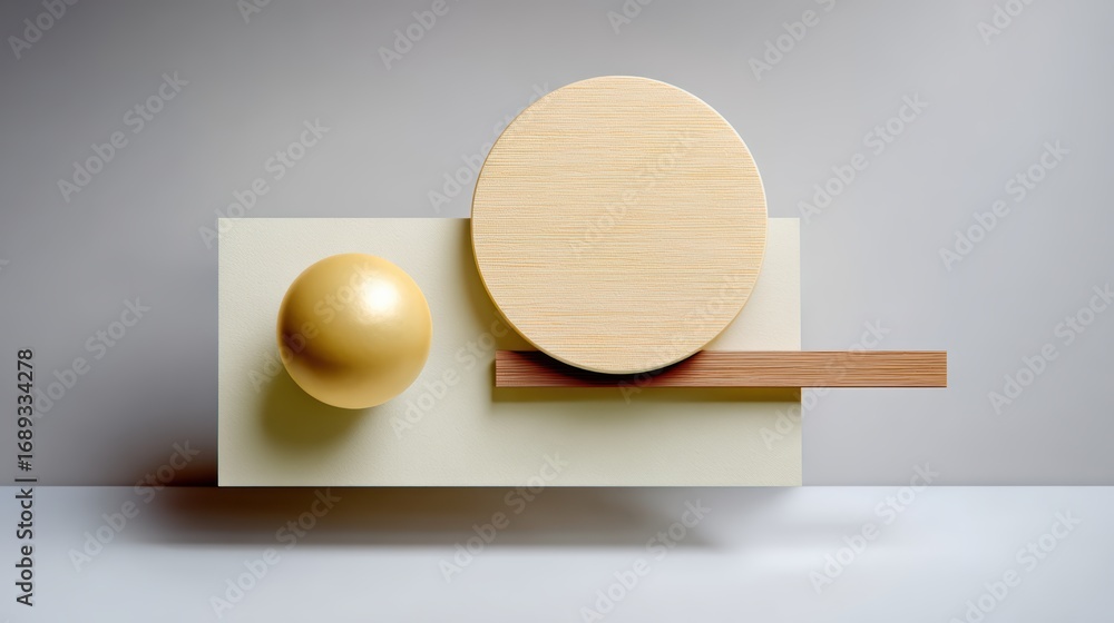 Poster a modern, minimalistic arrangement featuring geometric shapes in soft colors, emphasizing balance an
