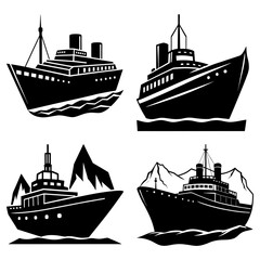 Obraz premium Four black and white illustrations of cruise ships and boats on the water with mountains in the background
