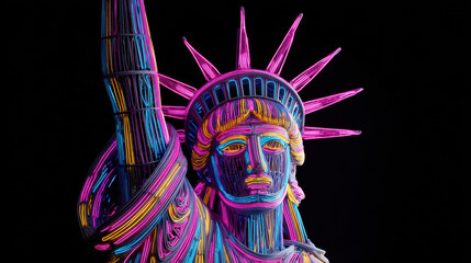 Vibrantly Illuminated Statue of Liberty in Neon Colors Captures Modern Artistic Expression and Cultural Iconography at Night