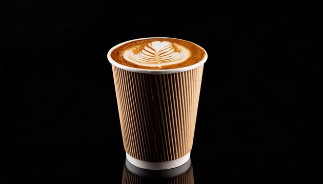 takeaway cardboard cup of cappuccino with latte art on black background