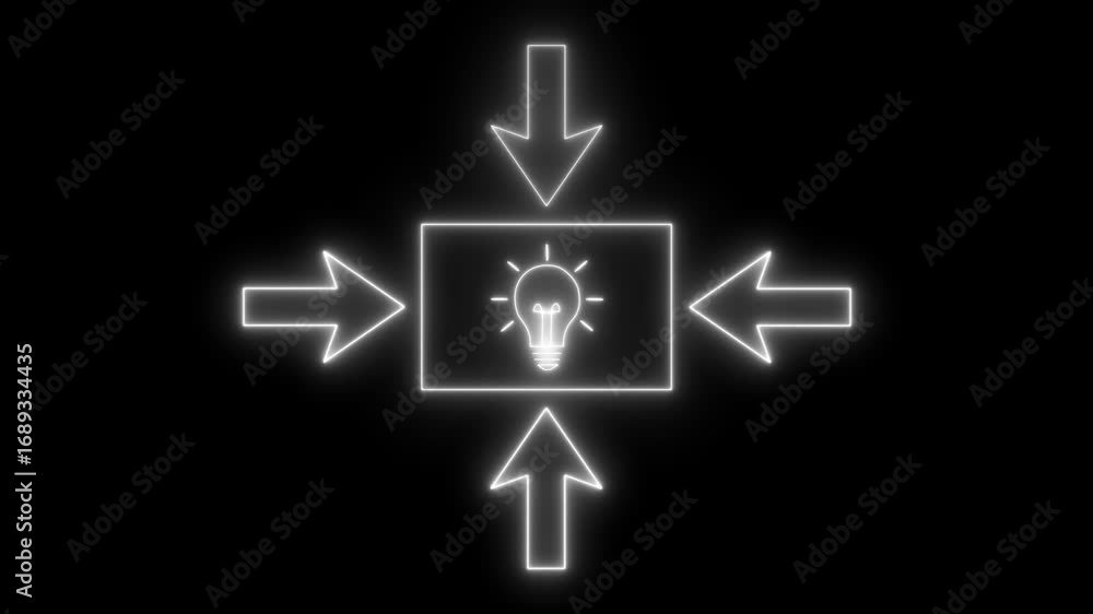 Poster white color abstract neon bulb icon animation. inside neon box bulb icon animation. neon arrow direc