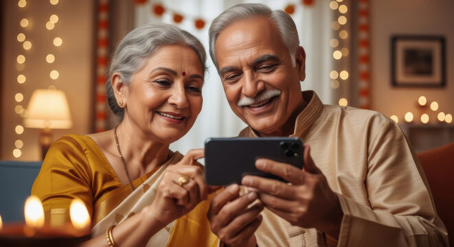 happy senior indian couple using smartphone together on diwali festival - Powered by Adobe