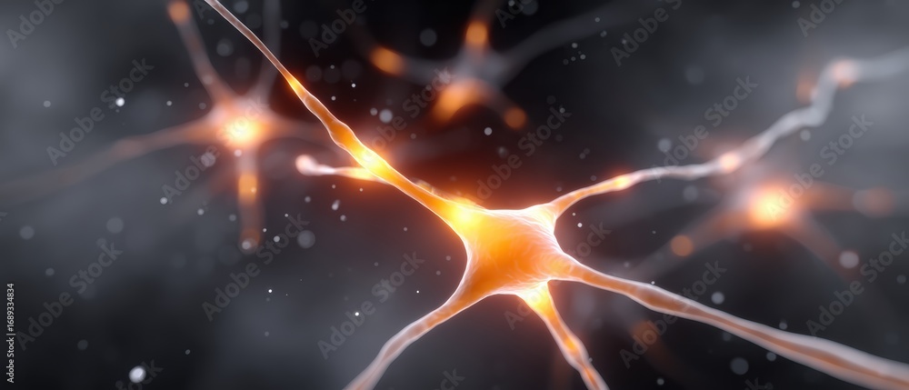 Poster a close-up view of glowing neurons, showcasing their intricate structure and connections against a d