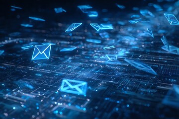 Experience the future of communication with digital mail icons floating on a vibrant, modern blue circuit board background, ideal for tech startups and innovative companies