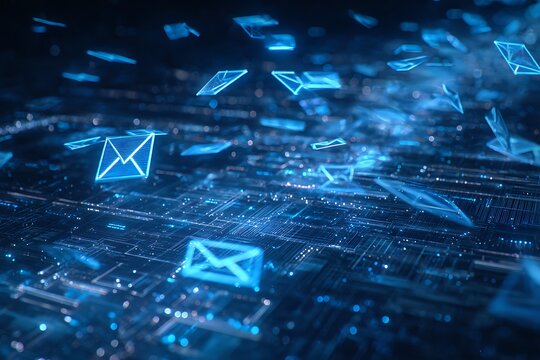 Experience the future of communication with digital mail icons floating on a vibrant, modern blue circuit board background, ideal for tech startups and innovative companies