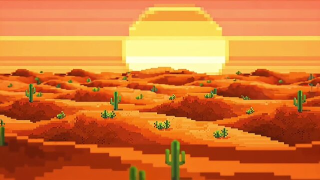 Endless pixel desert background with orange sand dunes, cactus swaying, heatwave shimmer, gradient sunset sky.