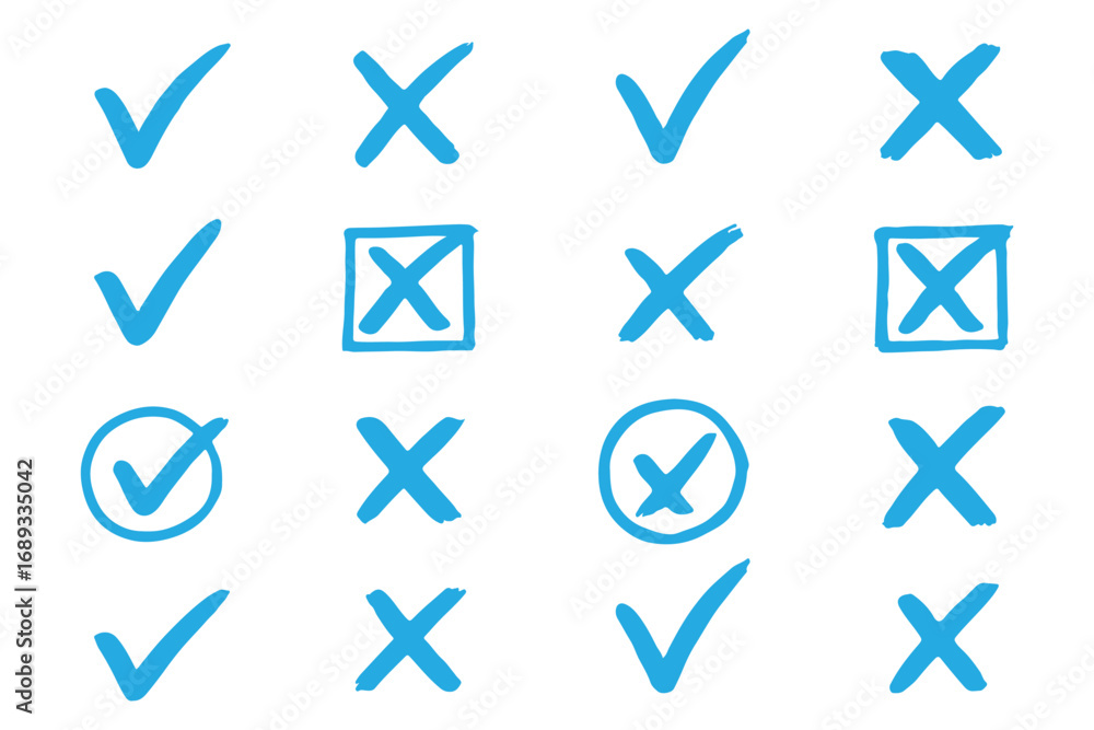 Aufkleber check tick mark icon set. cross box x check mark checkbox v list vector draw hand drawn sketch doodl