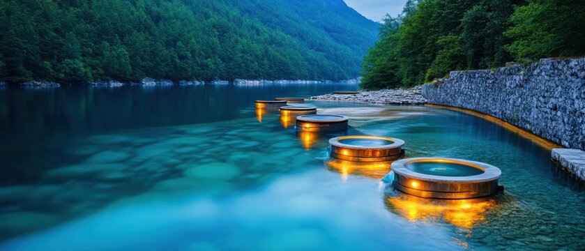 A serene lakeside scene featuring illuminated circular platforms along the water's edge, surrounded by lush greenery and mountains in the background.