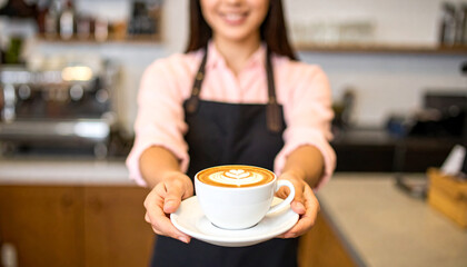 Smiling Barista Offering a Delicious Cup of Coffee with Latte Art at a Cafe