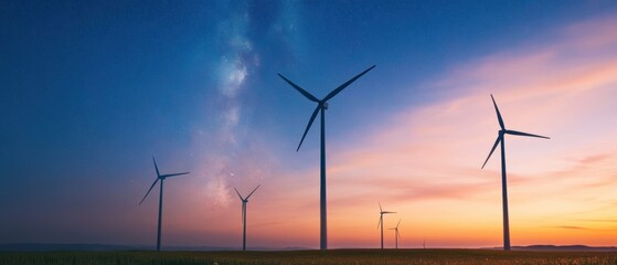 A stunning sunset view featuring multiple wind turbines against a starry sky, highlighting renewable energy and natural beauty.