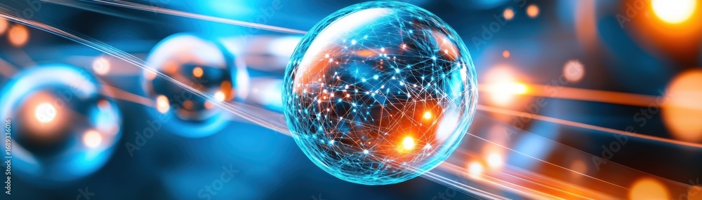 Poster a vibrant digital representation of interconnected spheres, symbolizing data networks and technology