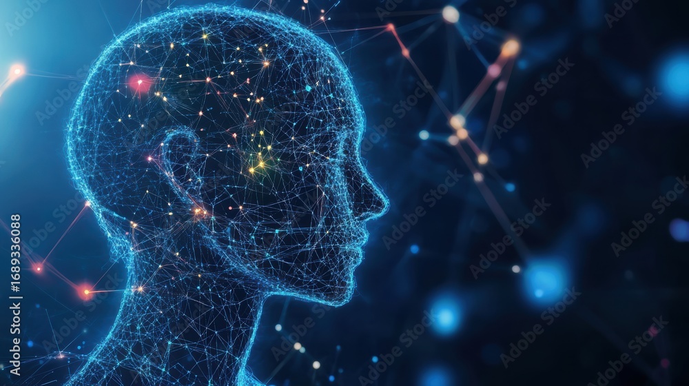Aufkleber a digital depiction of a human head, created with interconnected nodes and lines, symbolizing artifi