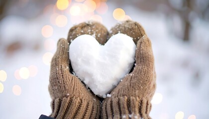 Heart-shaped snowball held in mittens