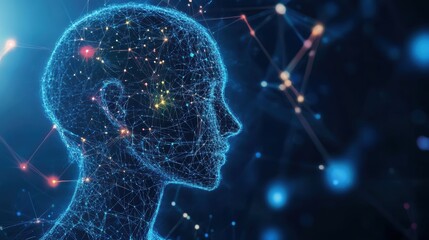 A digital depiction of a human head, created with interconnected nodes and lines, symbolizing artificial intelligence and neural networks.