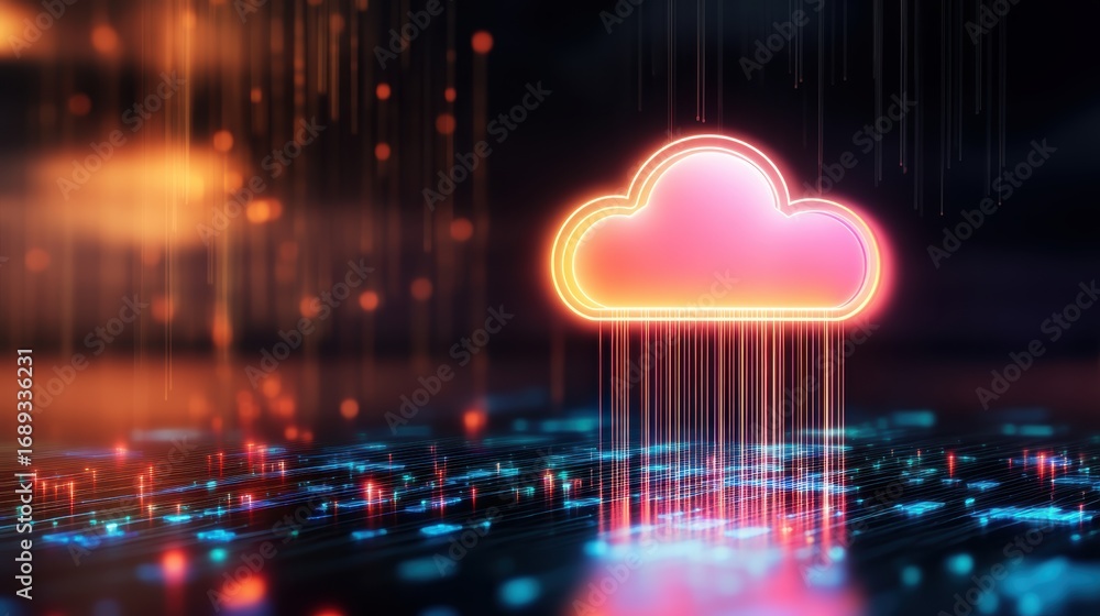 Poster a vibrant digital illustration of a cloud symbol raining data over a network, symbolizing cloud comp