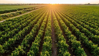 Aerial view of vineyard with parallel grapevine rows under warm sunlight, showcasing organized viticulture.