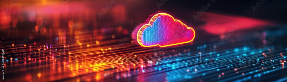 Poster a vibrant digital illustration featuring a colorful cloud icon, symbolizing cloud computing amidst f