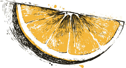 Artistic sketch of an orange slice in black and white with splatter effect. Vector illustration