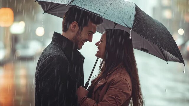 Romantic couple kissing under umbrella in rainy city street sharing intimate love and warmth enjoying close connection in rain