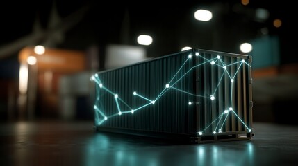 Innovative shipping container with glowing digital network connections displayed at night, representing global logistics technology and smart supply chain solutions