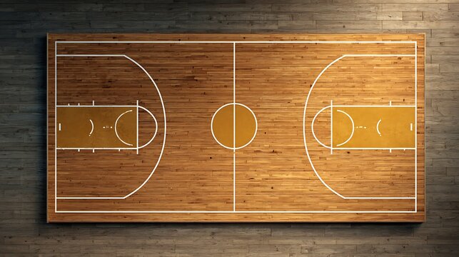 Overhead view of a classic basketball court on hardwood floor.