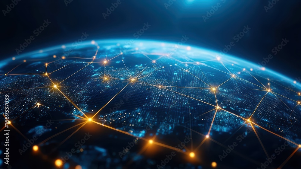 Poster a digital rendering of earth highlighting global connections through networks of light, illustrating
