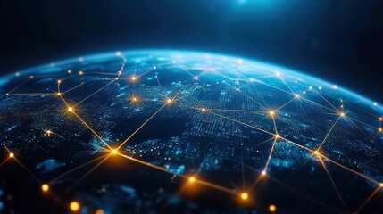 A digital rendering of Earth highlighting global connections through networks of light, illustrating technology and communication on a planetary scale.