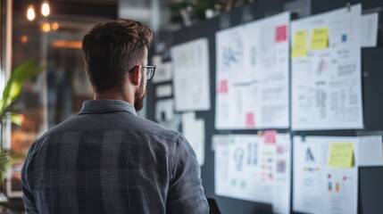 A man examines a wall filled with documents and notes, reflecting on ideas and planning in a modern workspace.