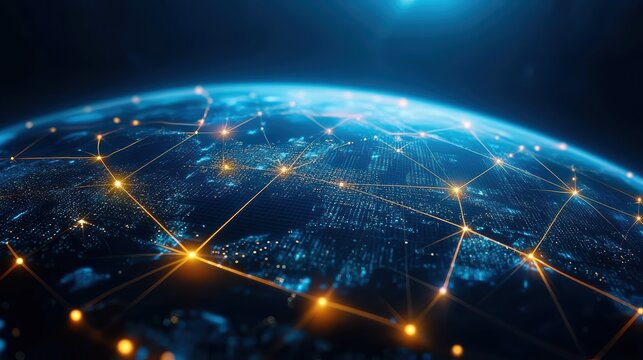 A digital rendering of Earth highlighting global connections through networks of light, illustrating technology and communication on a planetary scale.