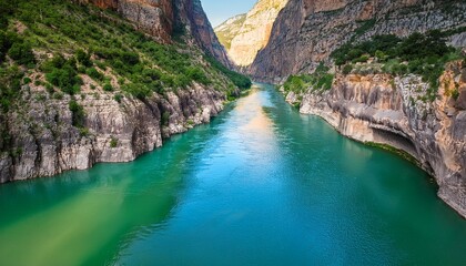 majestic aerial view of a vibrant green river flowing through a deep stone canyon with dramatic cliffs
