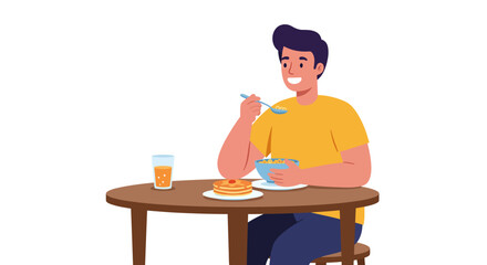 Man Enjoying Breakfast with Cereal Pancakes and Orange Juice.