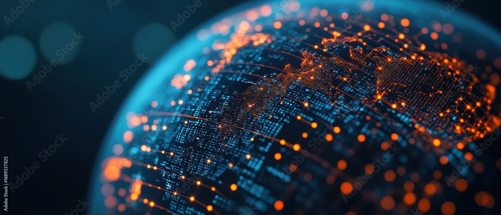 Poster a vibrant digital globe illuminated by glowing lines and dots, representing interconnectedness and d