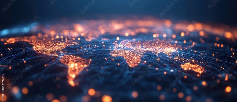 Poster a digital representation of a connected world, showcasing glowing networks over a map, symbolizing g