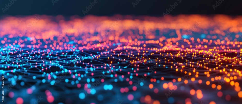 Poster a vibrant abstract image featuring interconnected nodes illuminated by blue and orange glowing light