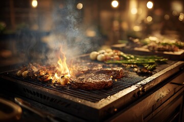 Sizzling steaks on a vibrant grill, flames dancing around grilled asparagus and onions for a delicious barbecue feast, perfect for summer gatherings and culinary promotions