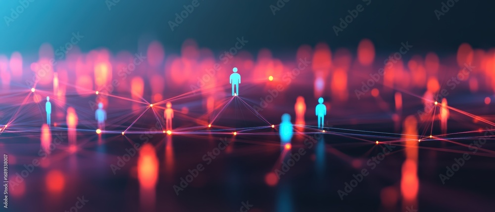 Poster a digital representation of interconnected figures, symbolizing networking and communication in a vi